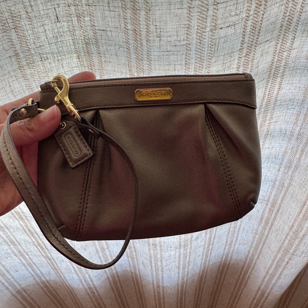 Coach Brown Leather Wristlet with Pleated Detailing